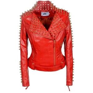 red fashion sx women's punk studded rivet faux leather motorcycle short jacket